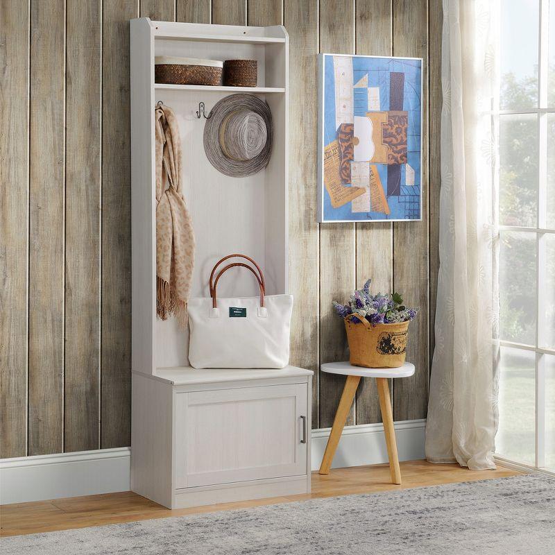 HOMCOM Rustic Hall Tree with Shoe Storage Bench, Entryway Bench with Coat Rack, Accent Coat Tree with Storage Shelves for Hallway, Mudroom, White