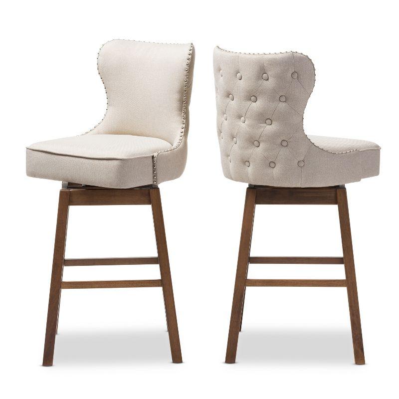 Modern Light Beige Button-Tufted Swivel Barstool in Walnut Wood