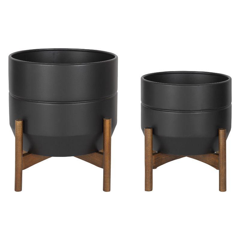 Kate and Laurel Dolby Round Metal Freestanding Planter, 2 Piece, Black