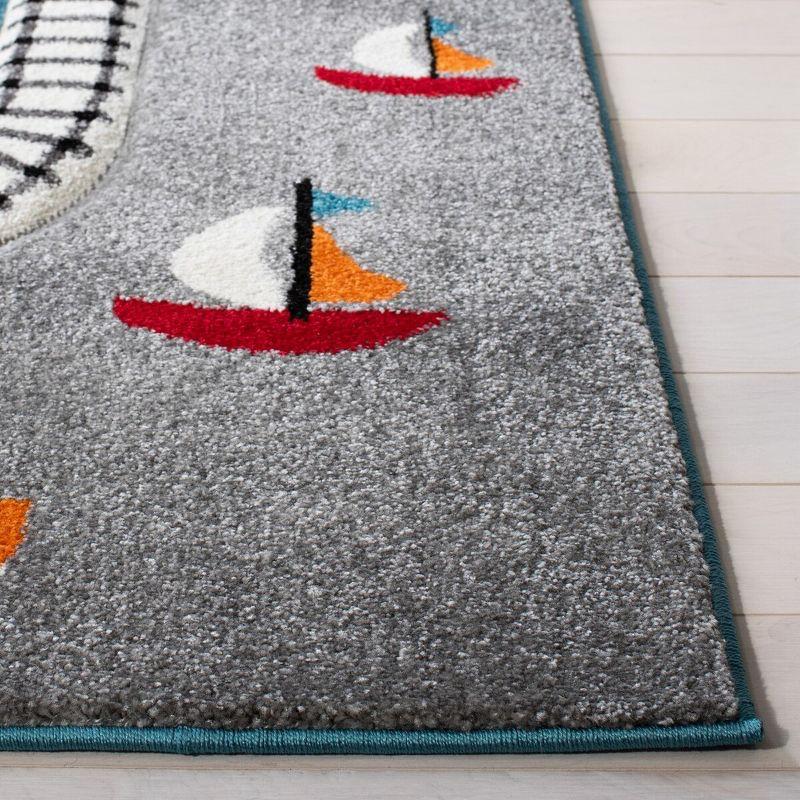 Turquoise and Ivory Kids' Square Play Rug with Train Track Design