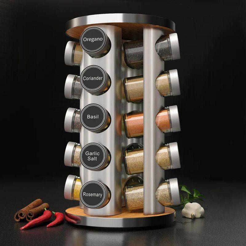 New England Stories Revolving Spice Rack Set with 20 Spice Jars - Kitchen Spice Tower Organizer for Countertop or Cabinet, Includes 386 Spice Labels, Rotating Desktop Seasoning Organizer