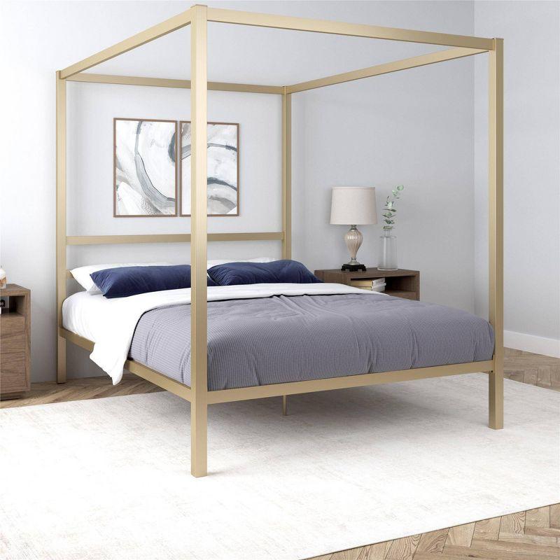 Gold Queen Metal Canopy Platform Bed with Headboard