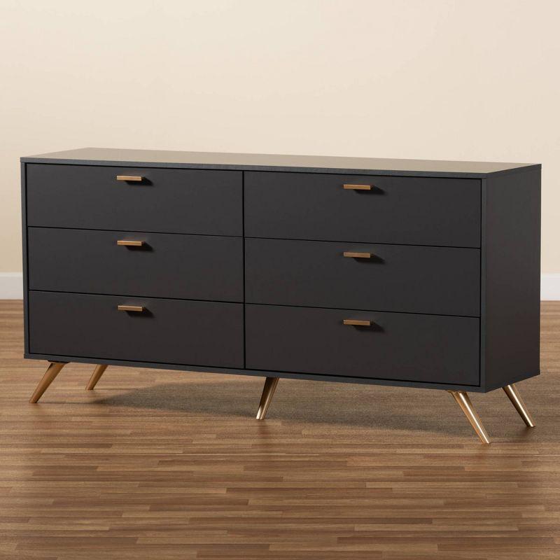 Kelson Wood 6 Drawer Dresser Dark Gray/Gold - Baxton Studio: Modern Storage Furniture for Bedroom