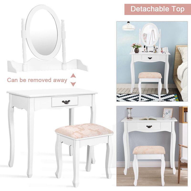 Tangkula Bathroom Vanity Wood Makeup Dressing Table Stool Set Jewelry Desk W/Drawer &Mirror White