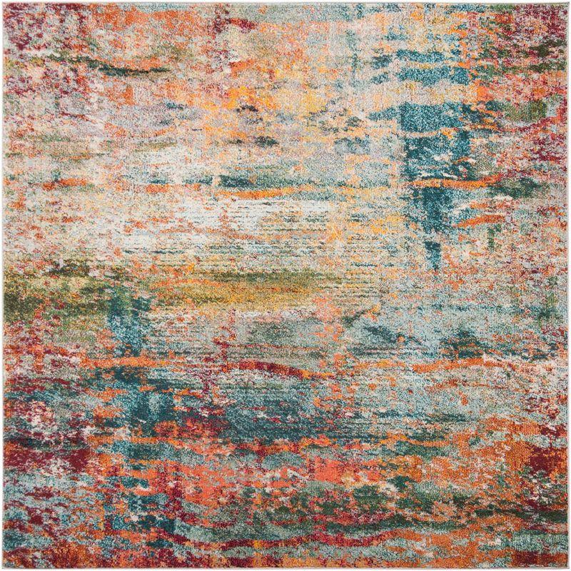 Teal and Orange Abstract Square Area Rug, 5'3" x 5'3"