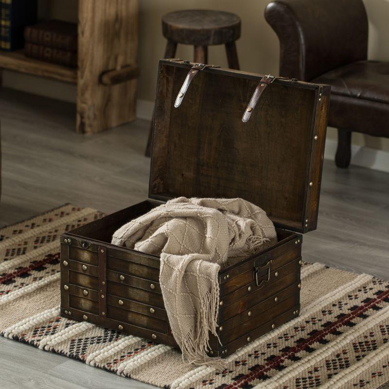 Large Distressed Brown Wooden Storage Trunk with Faux Leather Straps