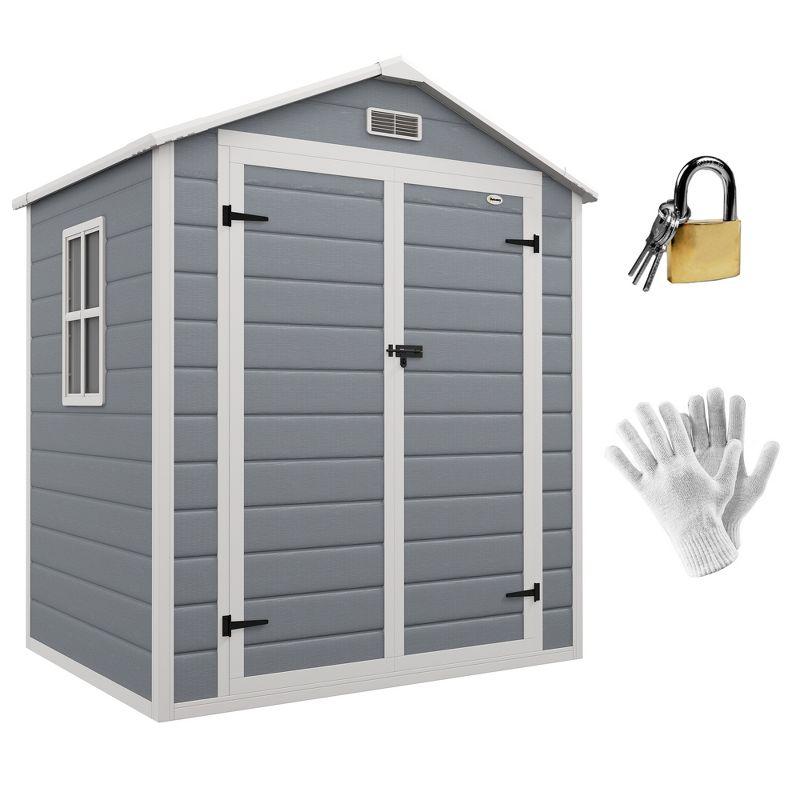 Gray Plastic Outdoor Storage Shed with Windows and Lockable Doors