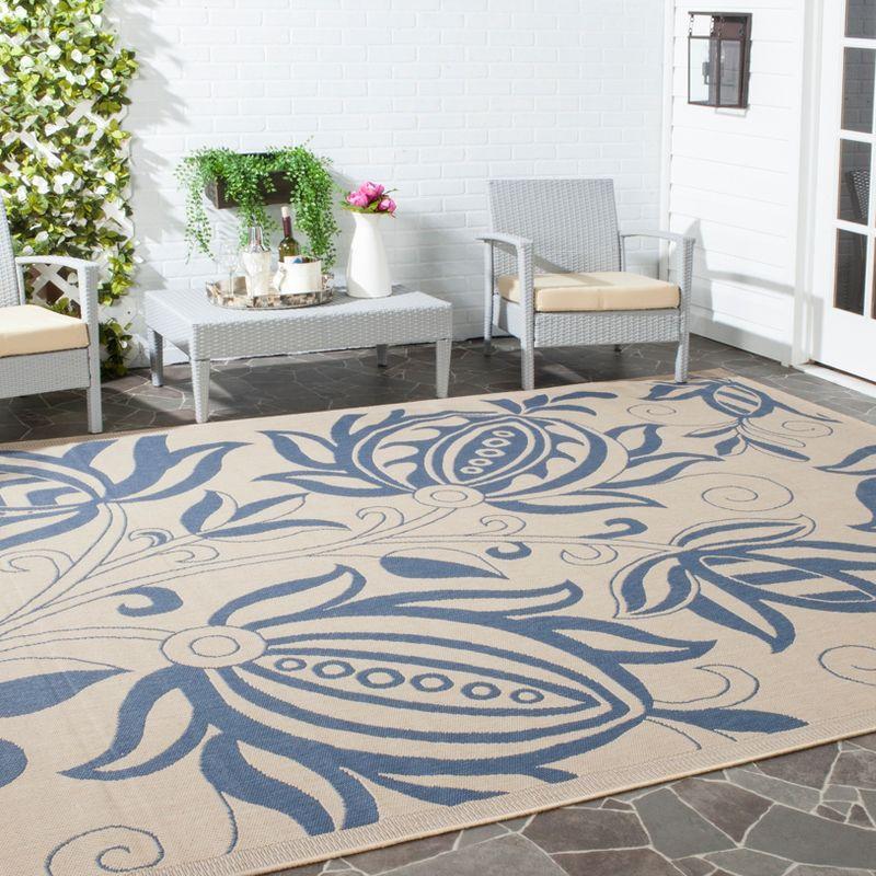 Blue and Natural Floral Motif Square Outdoor Area Rug