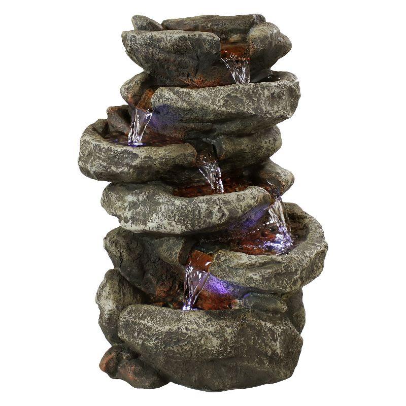 Gray Polyresin 6-Tier Stone Falls Tabletop Fountain with LED Lights