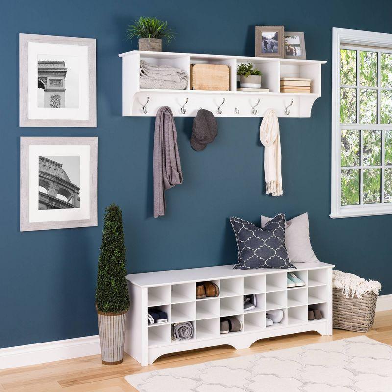 Prepac 60" Wide Hanging Entryway Shelf White: Wall Mounted Storage with 9 Hooks, Laminated Wood Composite