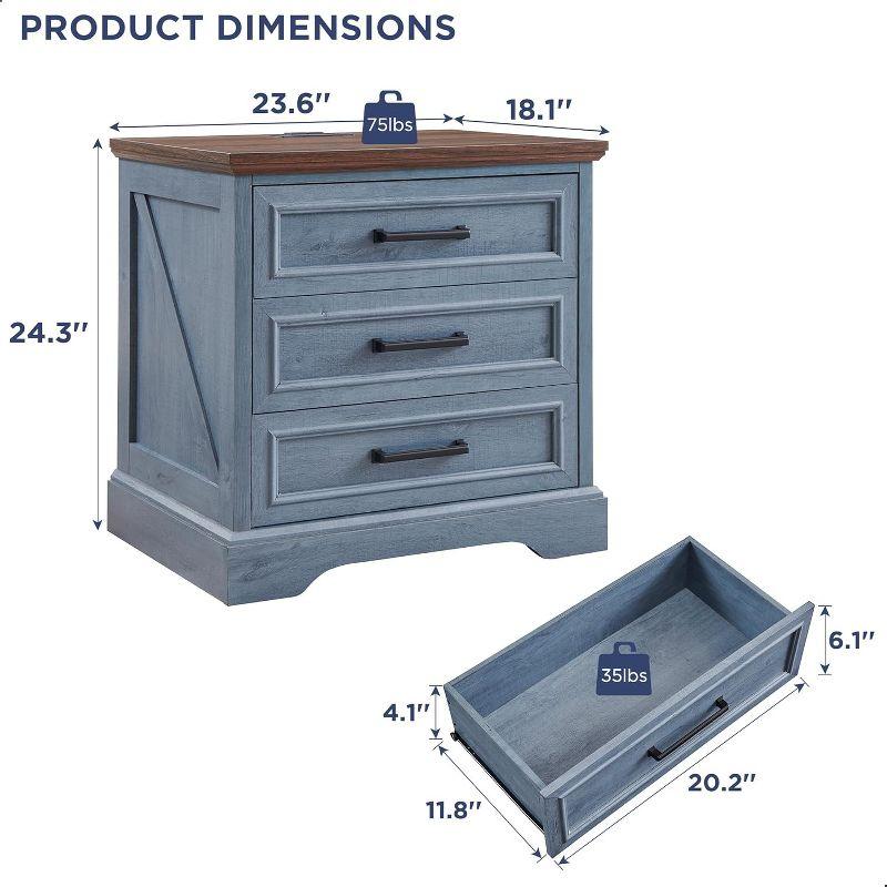 SinCiDo 24" Wide Farmhouse Nightstand with Charging Station & 3 Drawers & Handles, End Table for Bedroom, Living Room, Blue