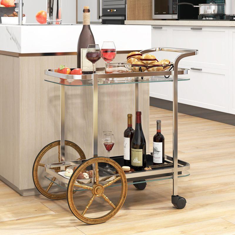 Costway Modern Bar Cart 2-Tier Tempered Glass Serving Cart with 2 Large Aluminum Wheels & 2 Rolling Casters Easy-to-Grip Handle Stainless Steel Frame