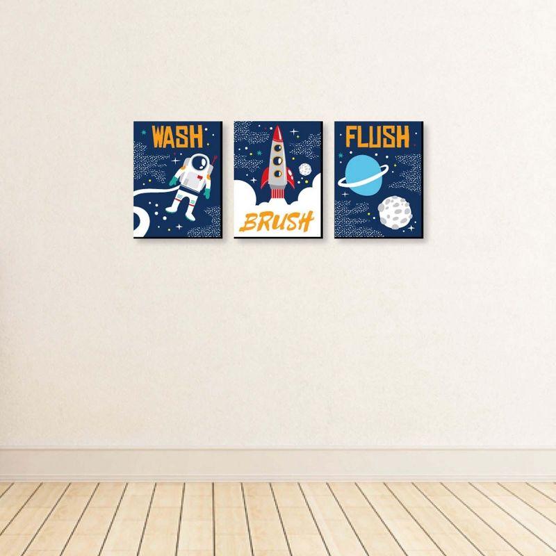 Big Dot of Happiness Blast Off to Outer Space - Kids Bathroom Rules Wall Art - 7.5 x 10 inches - Set of 3 Signs - Wash, Brush, Flush
