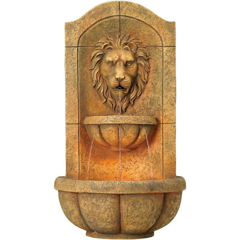 Lion Head Rustic Faux Stone 2-Tier Wall Water Fountain with LED Light