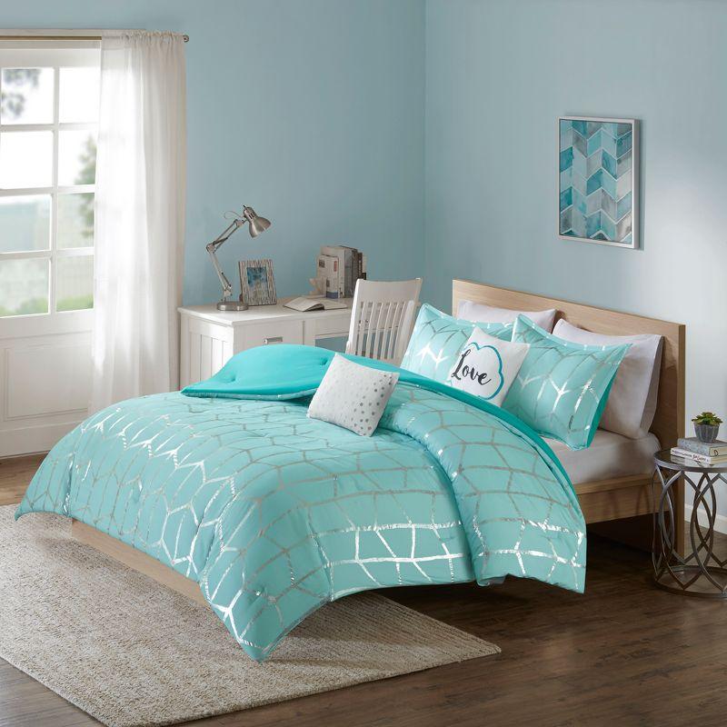 Aqua and Silver King Microfiber Comforter Set with Decorative Pillows