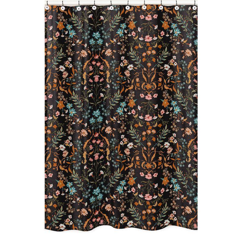 Boho Black and Orange Floral Fabric Shower Curtain 72x72