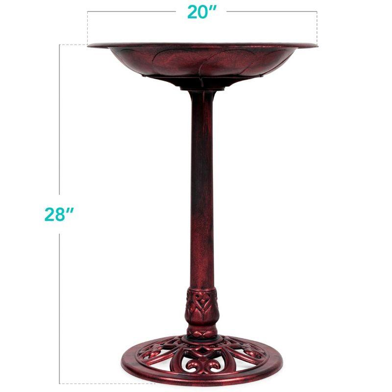 Cherry Red Rustic Polyresin Pedestal Bird Bath with Fleur-de-Lis Accents