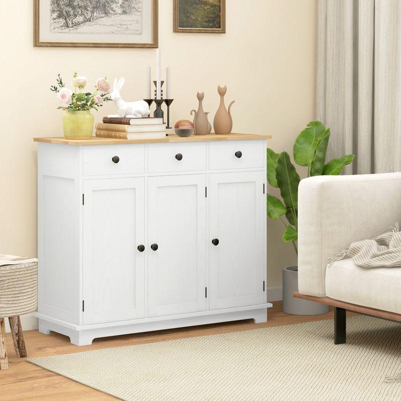 HOMCOM Kitchen Storage Cabinet, Sideboard Floor Cupboard with Solid Wood Top, Adjustable Shelf, and 3 Drawers for Living Room, Distressed White