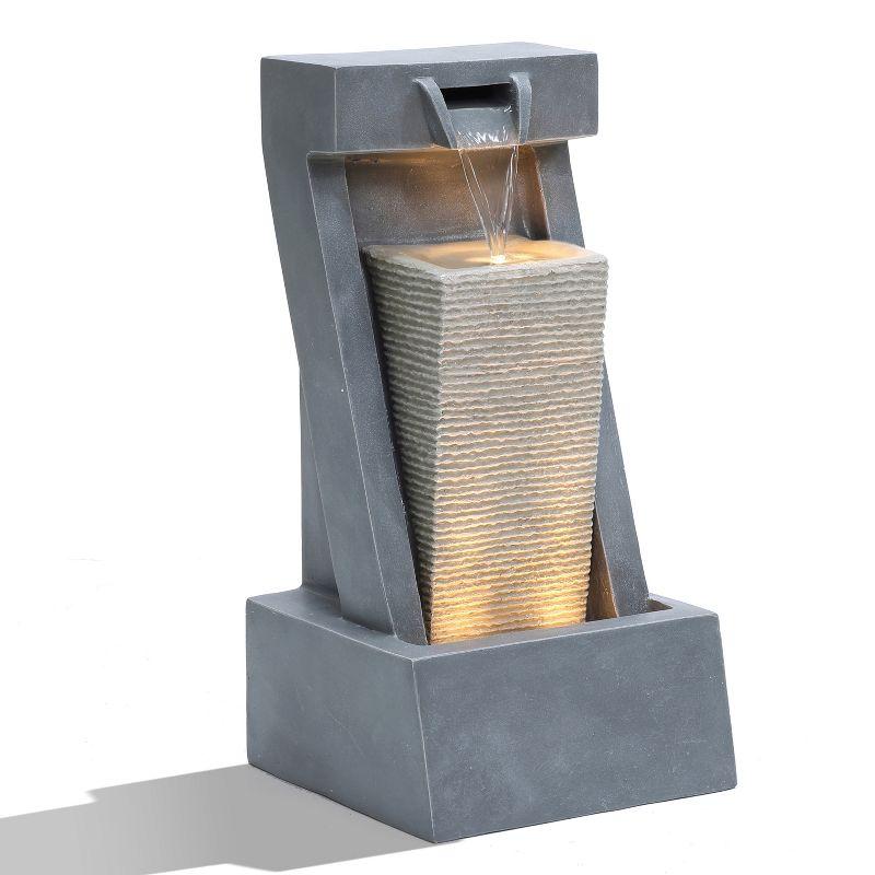 LuxenHome Gray Resin 2-Column Sculpture Outdoor Fountain with Lights