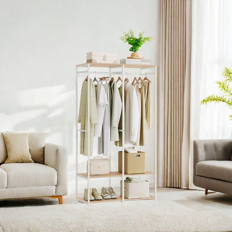 Wardrobe Closet Organizer Clothing Storage Iron and Wood Heavy Duty Clothes Rack with Hanging Rods, Shelves, and Removable Hooks 15.7 x 37.2 x 70.9