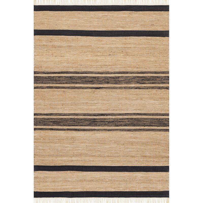 Handmade Beige and Black Wool Cotton Striped Rug 5x8