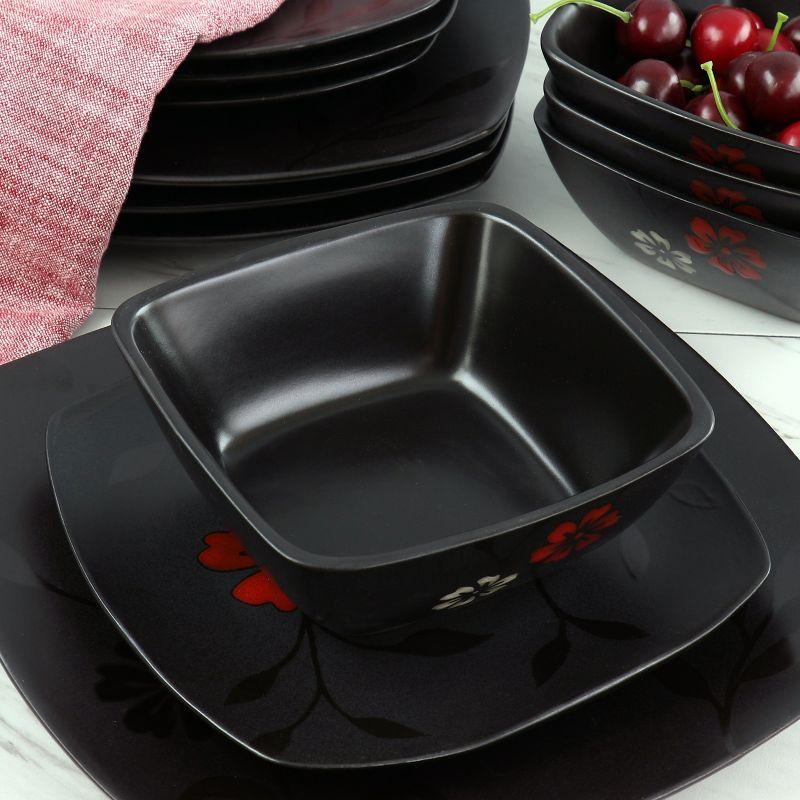 Evening Blossom Black Floral Ceramic Square Dinnerware Set, Service for 4