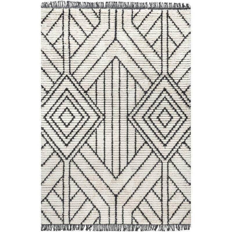 Luxurious Beige Synthetic 6'7" x 9' Shag Area Rug with Modern Diamond Fringe