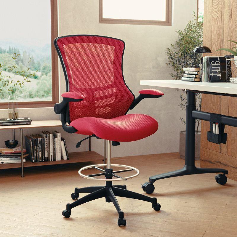 Emma and Oliver Mid-Back Red Mesh Ergonomic Drafting Chair with Foot Ring and Flip-Up Arms