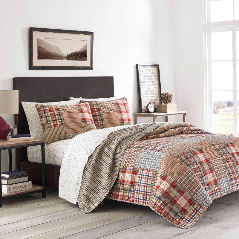 Brown Plaid Cotton Twin Reversible Quilt Set with Sham