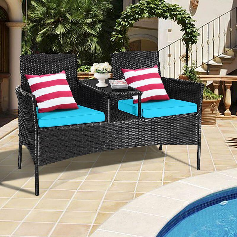 Tangkula Outdoor Rattan Furniture Wicker Patio Conversation Chair W/Cushions Turquoise