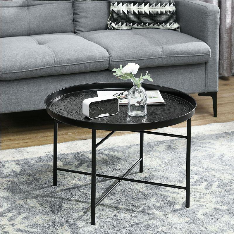 HOMCOM 24" Round Black Metal Coffee Table with Hammered Tray Top