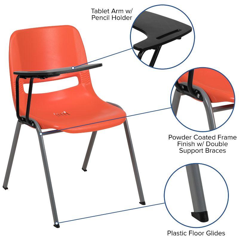 Compact Orange Ergonomic Shell Chair with Flip-Up Tablet Arm