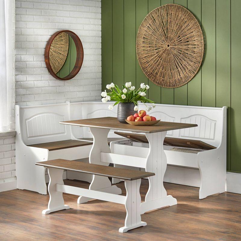 Buylateral 3pc Washington Farmhouse Solid Wood Breakfast Nook Dining Set White/Dark Walnut: L-Shaped, Solid Pine, Storage Bench
