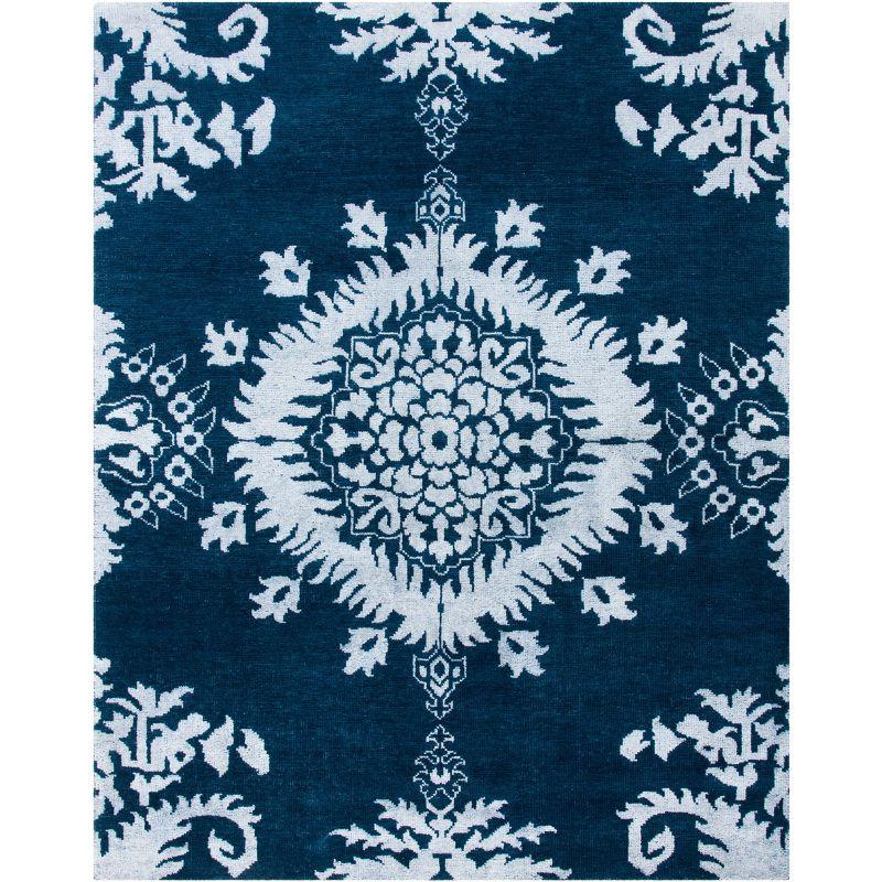 Stone Wash Hand Knotted Wool/Viscose/Cotton Ikat Rug in Indigo