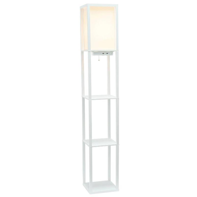 White Wood Floor Lamp with Shelves and Linen Shade