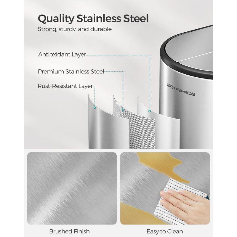 SONGMICS 13-Gal ( 50L ) Dual Kitchen Trash Can,Garbage Can with Wing Lids, Stainless Steel, Soft Close, Inner Buckets, with 15 Trash Bags, Silver