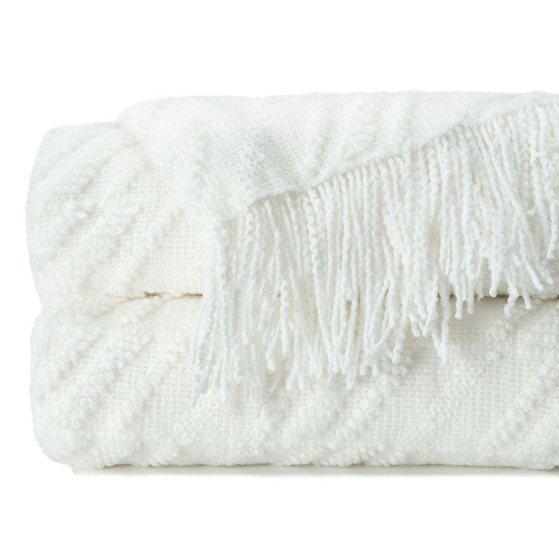 Chanasya Bevel Acrylic Knit Boho Throw Blanket With Tassels - (50x65 Inches) White Cloud