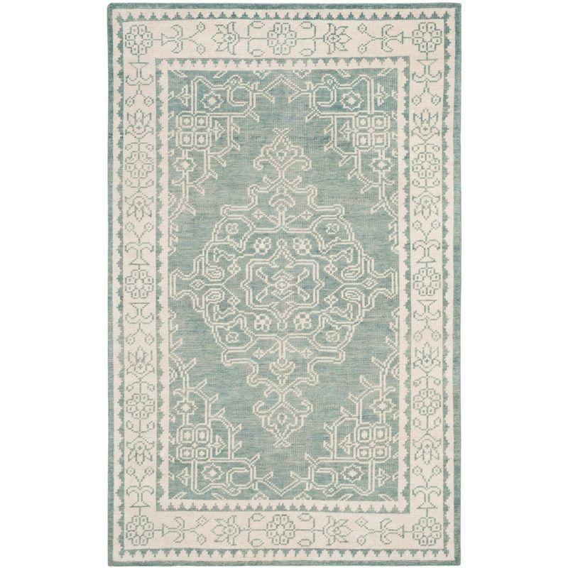 Ivory and Blue Hand-Knotted Wool Rectangular Area Rug