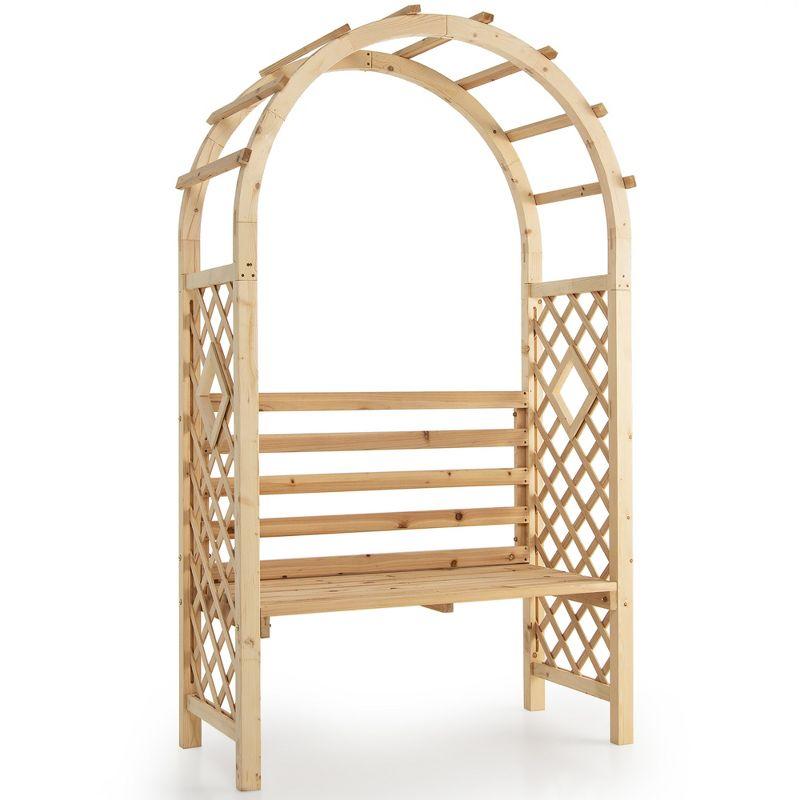 Costway Wooden Garden Bench Arch Pergola Outdoor Arbor w/backrest Patio Trellis Pergola