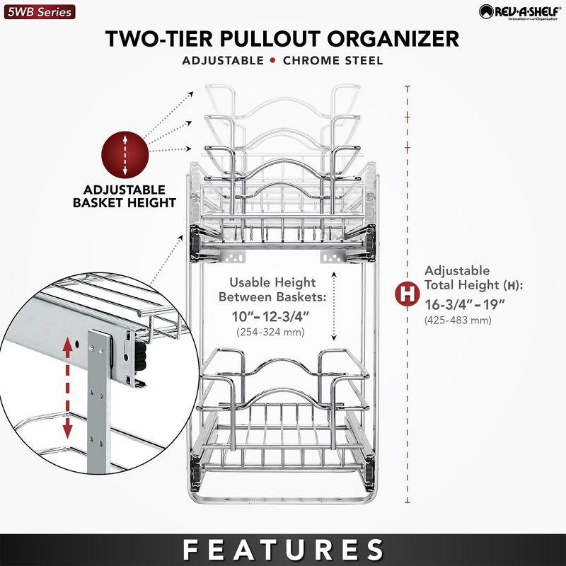 Rev-A-Shelf 5WB2 2-Tier Wire Basket Pull Out Shelf Storage for Kitchen Base Cabinet Organization, Chrome