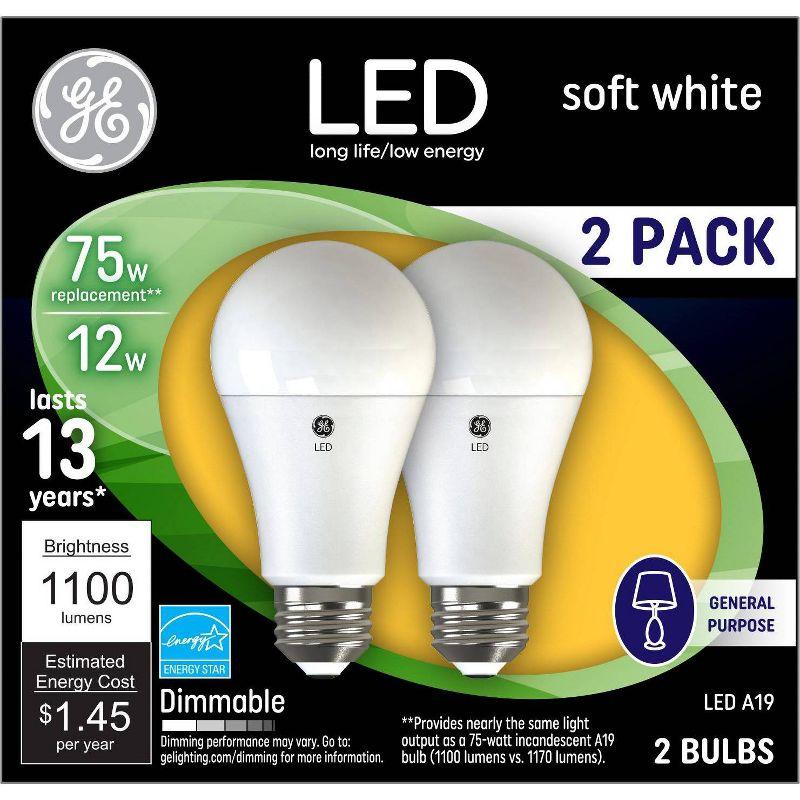 GE 2pk 75W A19 LED Light Bulbs Soft White: Dimmable, Energy Star Certified, 1100 Lumens, 13.7-Year Life, E26 Base