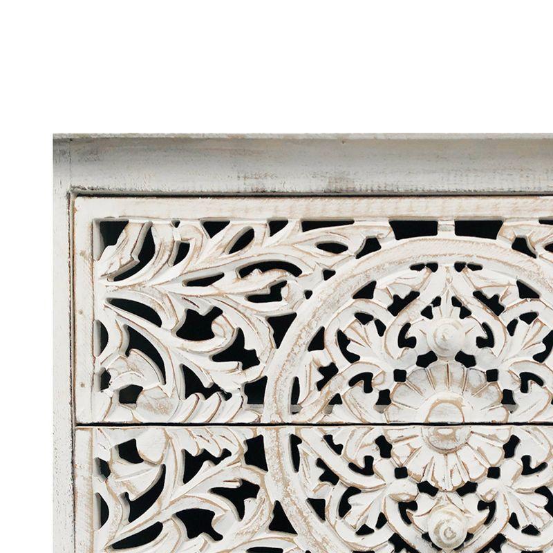 The Urban Port 24" Handcrafted Mango Wood Nightstand Side Table 2 Drawers Floral Carved Cut Out Design Antique White