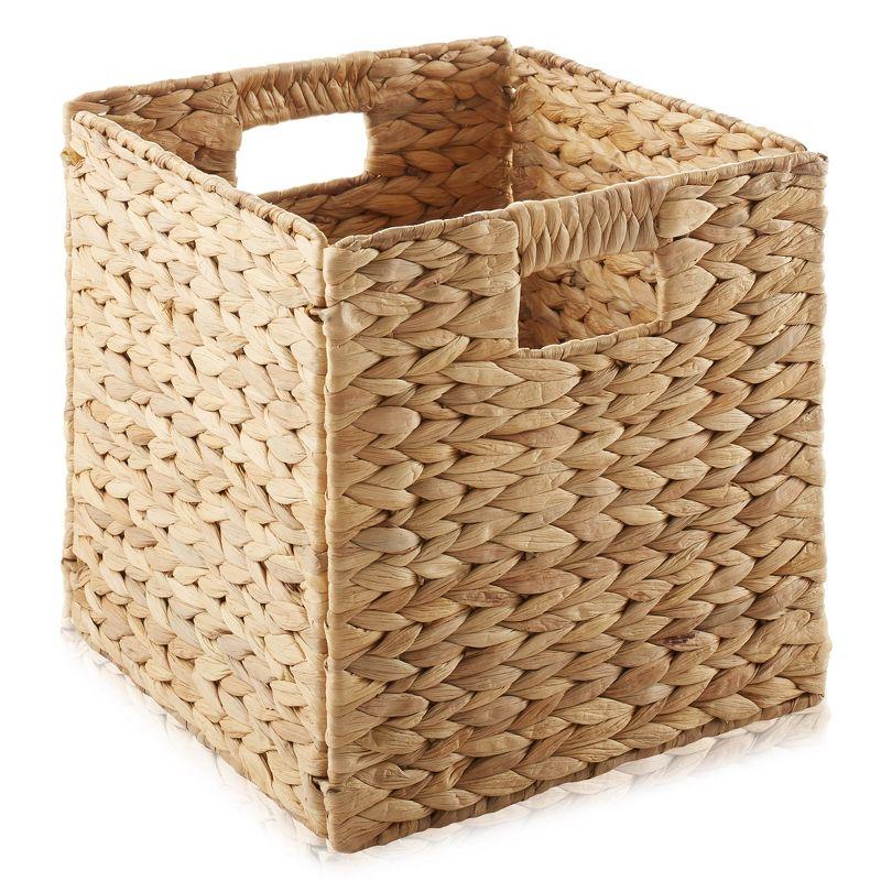 Casafield 10.5" x 10.5" Water Hyacinth Storage Baskets - Set of 2 Collapsible Cubes, Woven Bin Organizers for Bathroom, Bedroom, Laundry, Pantry