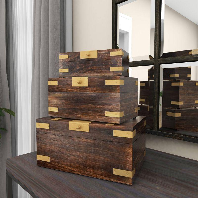 Olivia & May Set of 3 Traditional Brass Inlaid Wooden Boxes: Mango Wood Craftsmanship, Rectangular with Spot Clean Care