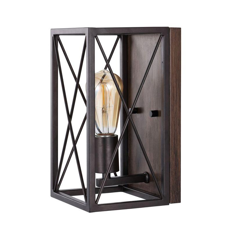 JONATHAN Y Norris X-Frame 6" 1-Light Farmhouse Rustic Iron LED Sconce, Oil Rubbed Bronze/Wood Finish
