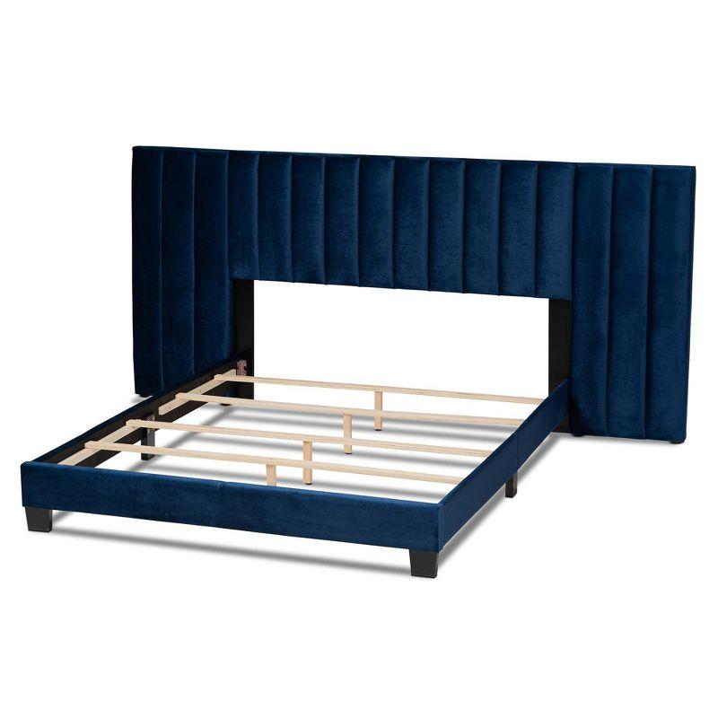 Elegant Navy Blue Velvet Queen Bed with Extended Tufted Headboard