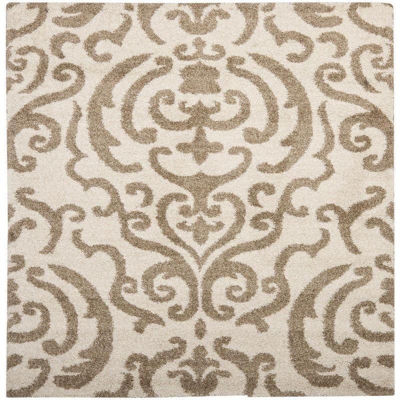 Cream and Beige Floral Shag Synthetic Square Area Rug