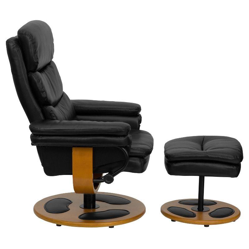 Luxurious Black Leather Swivel Recliner with Wood Base and Ottoman