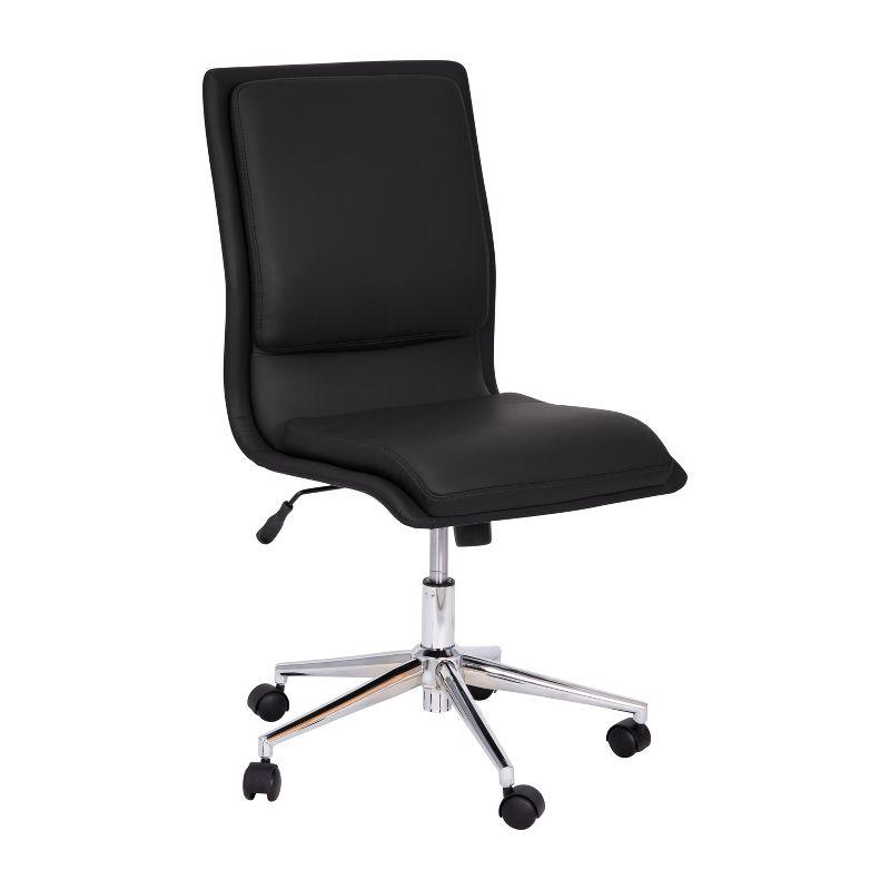 Armless Black Faux Leather Task Chair with Wood Swivel Base