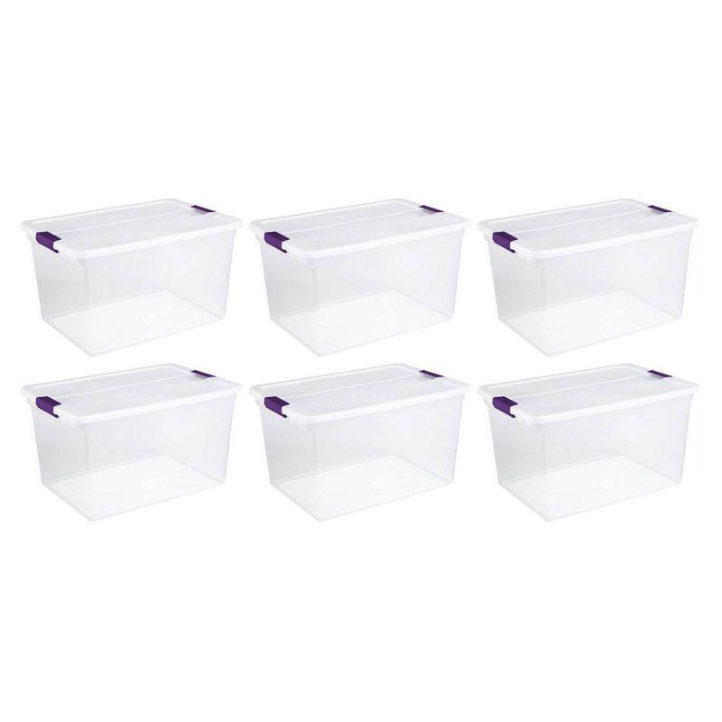 Sterilite 66 Qt ClearView Latch Storage Box, Stackable Bin with Latching Lid, Plastic Container to Organize Clothes in Closet, Clear Base, Lid, 6-Pack